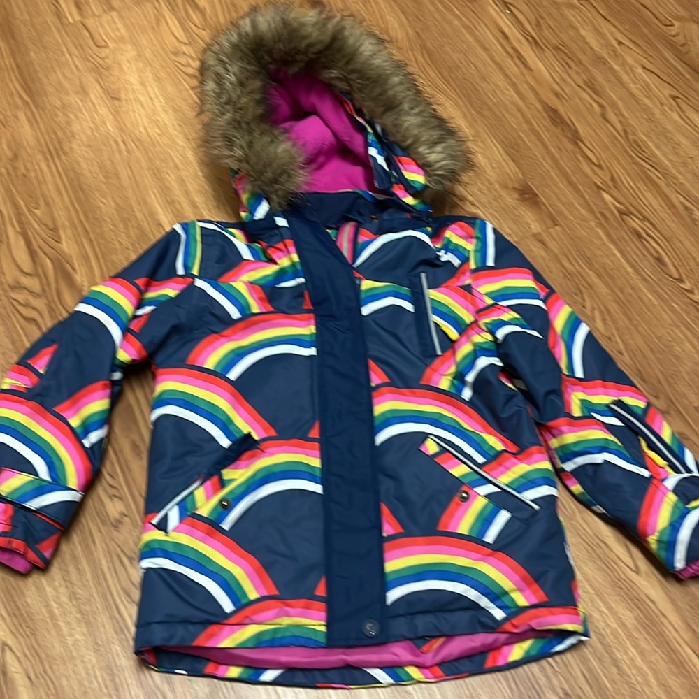 BODEN Girls Multi Color Full Zipper Jacket Fur Hood Size 7-8 Youth